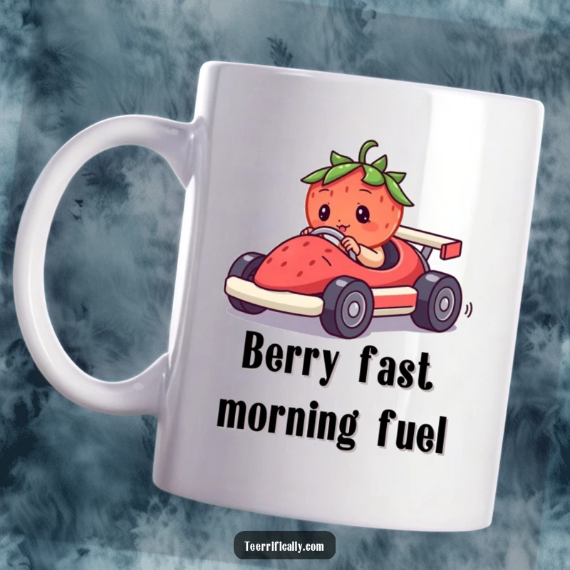 Funny strawberry mug showing a determined red berry driving a tiny car made from another berry, zooming with hilarious excitement.