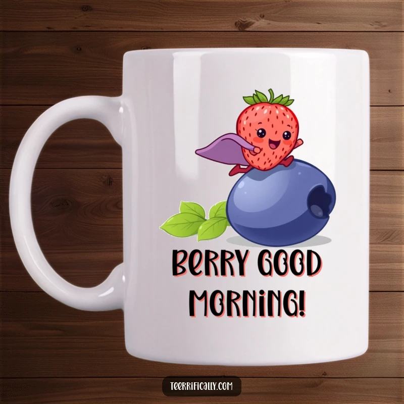 Funny strawberry superhero mug, a happy strawberry wearing a tiny cape leaping over a blueberry, heroic and fruity.