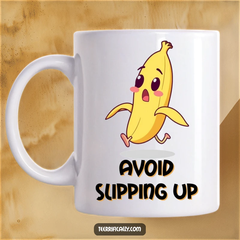 Funny surprised banana character with legs running away from its own peel on a mug, depicting humorous panic.