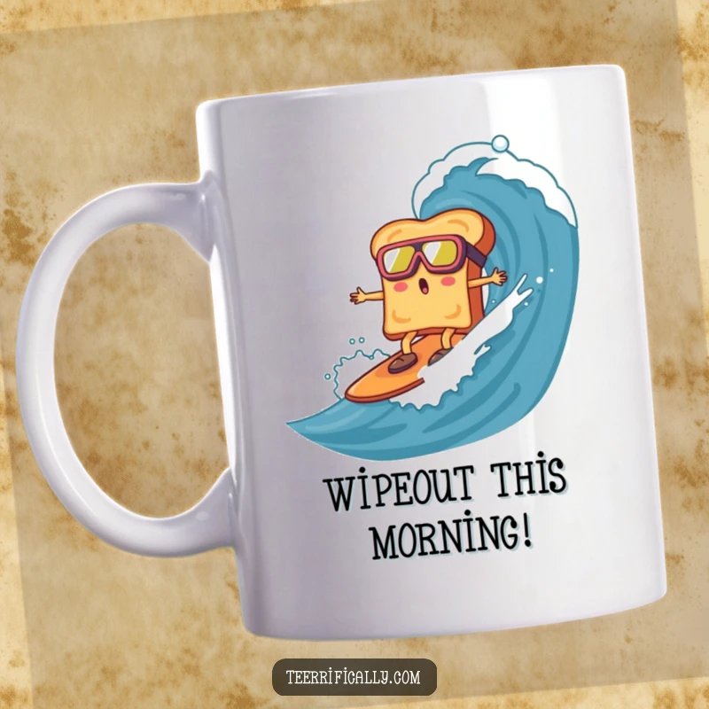 Funny toast with goggles, surfing a giant marmalade wave, on a mug, depicting a humorous and unexpected breakfast adventure.