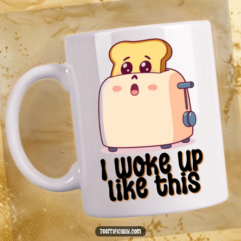 Funny cartoon toast popping out of a toaster, eyes wide with shock and delight, humorous breakfast mug, surprise gift.