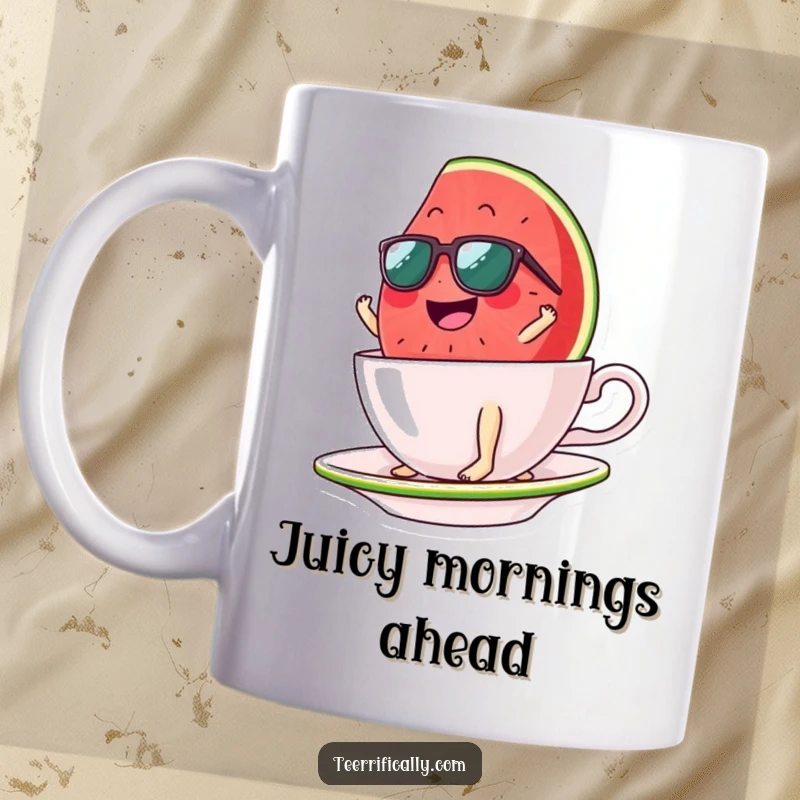 Funny giggling watermelon slice mug, wearing sunglasses, surfing a giant teacup with joyful abandon. Whimsical and cool.