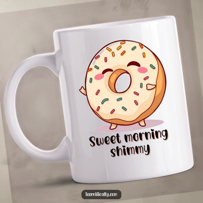 Funny Mug featuring a winking donut with colorful sprinkles doing a playful shimmy, radiating sweet and cheeky charm.