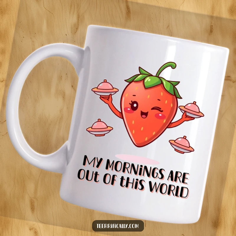 Funny winking strawberry fruit character expertly juggling three small flying saucers, bringing cosmic, humorous vibes to this mug.