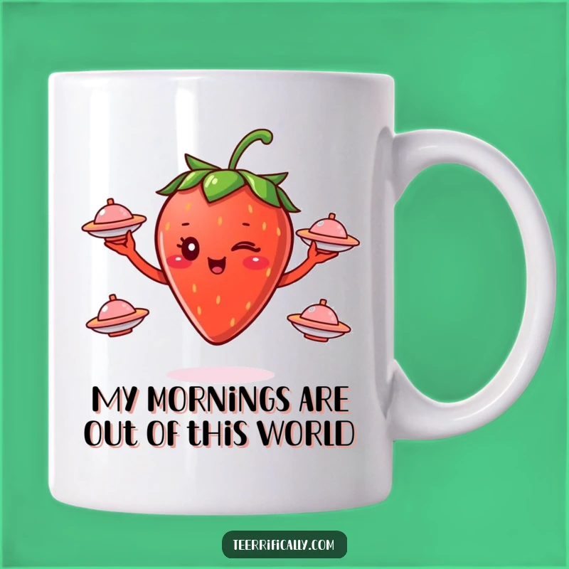 Funny Winking Strawberry Juggling Saucers Mug - The Ultimate Cosmic Fruit Gift!