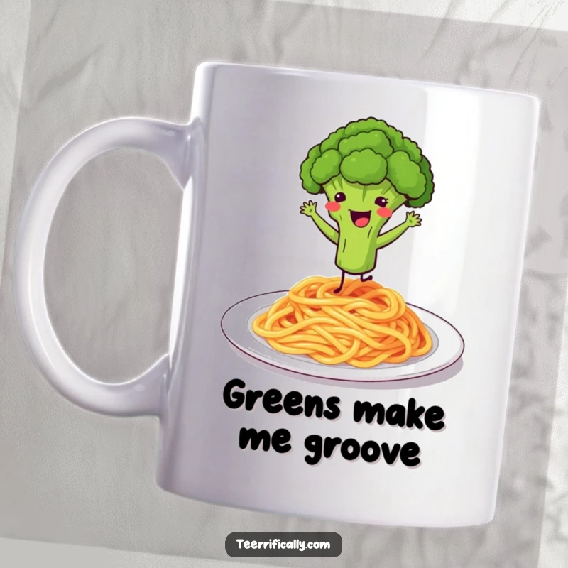 Funny mug with a bouncing broccoli floret doing a happy dance on a plate of spaghetti.