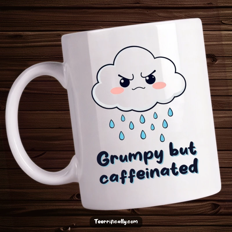 Funny mug featuring a grumpy cloud character comically raining cheerful, happy little raindrops, highlighting delightful contrast.