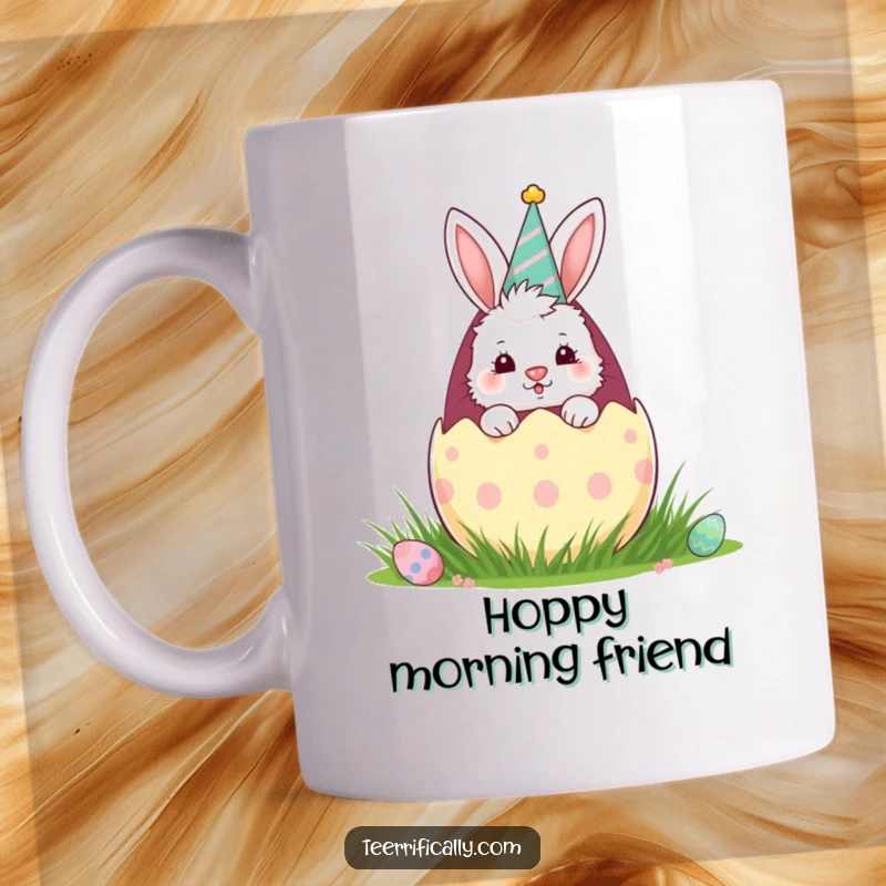 Funny mug featuring a fluffy bunny in a party hat peeking out from a giant, decorative Easter egg, radiating springtime cheer.