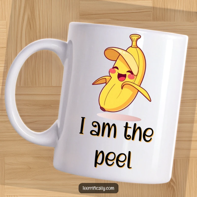 Funny banana mug with a giggling banana comically peeling its own skin in a surprising, playful motion.