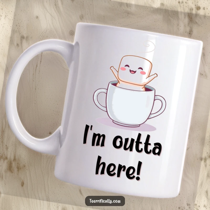 Funny mug showcasing a fluffy marshmallow joyfully leaping from a steaming cup, exuding happiness and warmth.