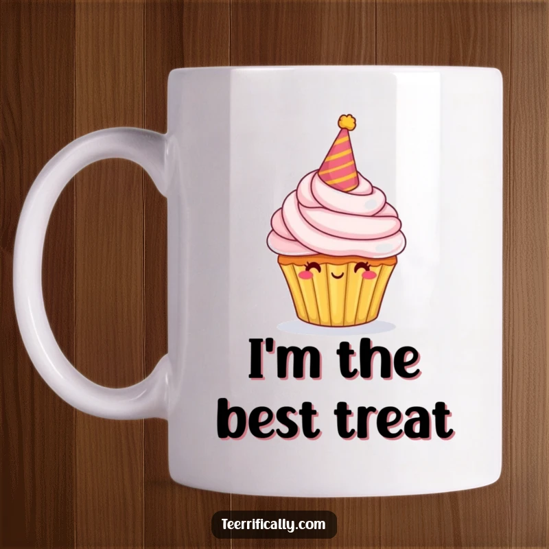 Funny Mug featuring a proud cupcake character wearing a party hat, with frosting overflowing, embodying festive joy.