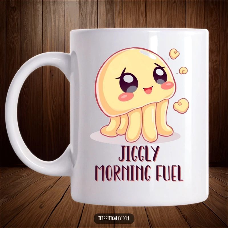 Funny mug shows a wobbly jelly with eager eyes trying to catch a flying popcorn kernel, capturing snack time glee.