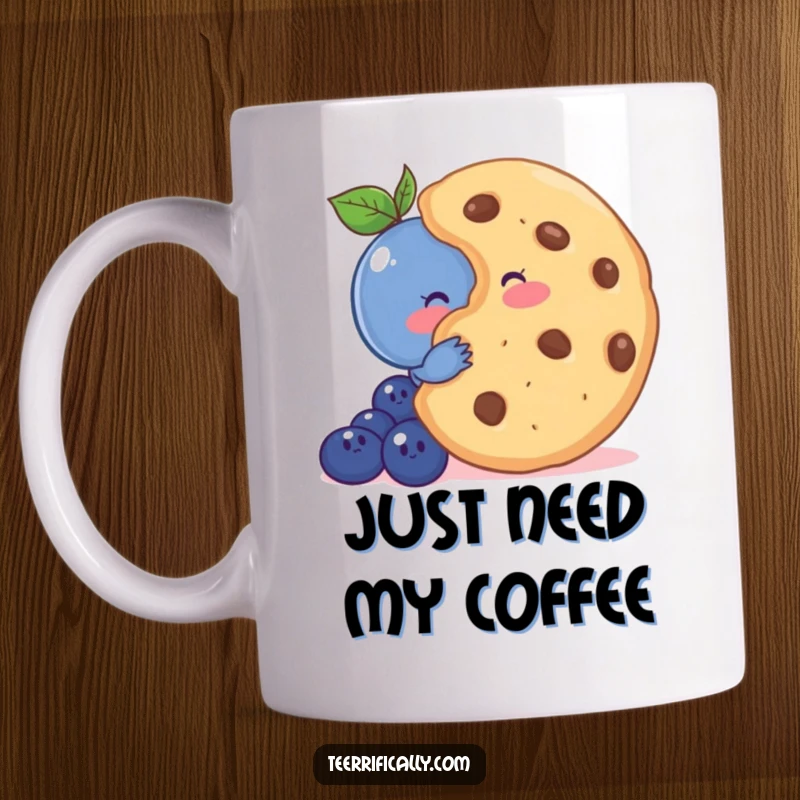 Funny mug with a shy blueberry blushing behind a giant cookie, radiating bashfulness and sweet charm.