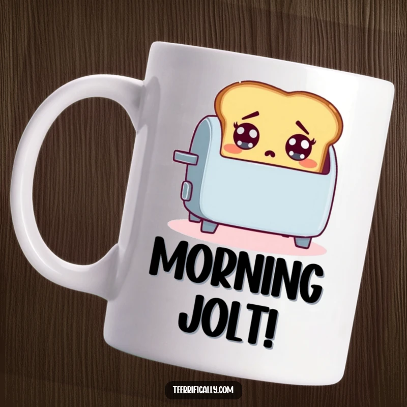 Funny mug featuring a startled slice of toast with wide eyes, dramatically jumping out of a toaster.