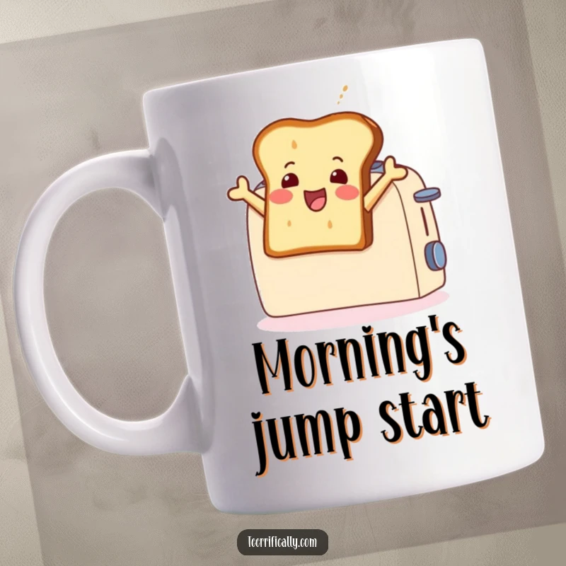 Funny mug showing a delighted toast slice joyfully leaping out of a toaster, embodying morning enthusiasm and playful breakfast energy.