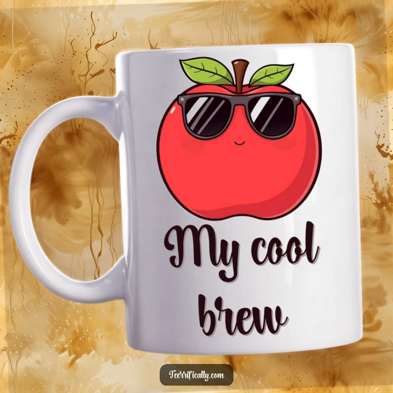 Funny apple mug featuring a plump, red apple wearing sunglasses and winking slyly, embodying cool confidence.