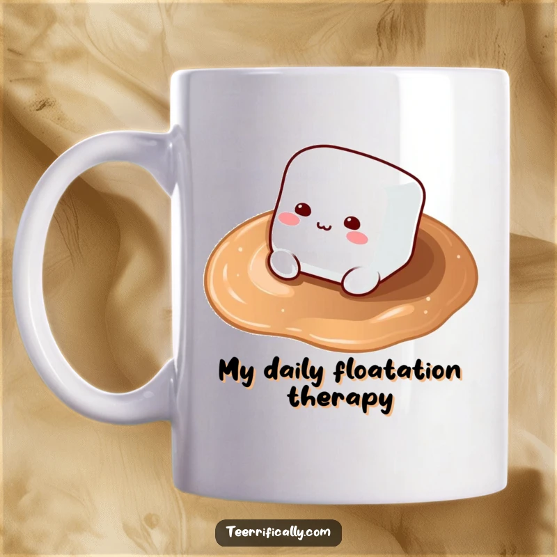 Funny Marshmallow Mug: A fluffy marshmallow blissfully floats on a rich sea of hot cocoa, embodying ultimate relaxation and comfort.