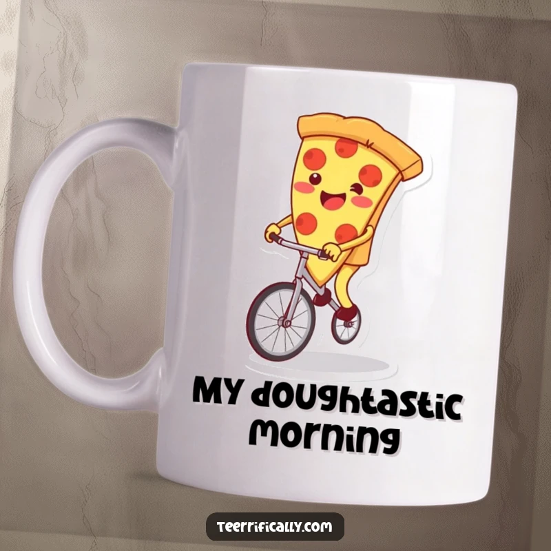Funny pizza slice mug, enthusiastically riding a wobbly unicycle, conveying pure joy and adventurous spirit. A hilarious gift for foodies.