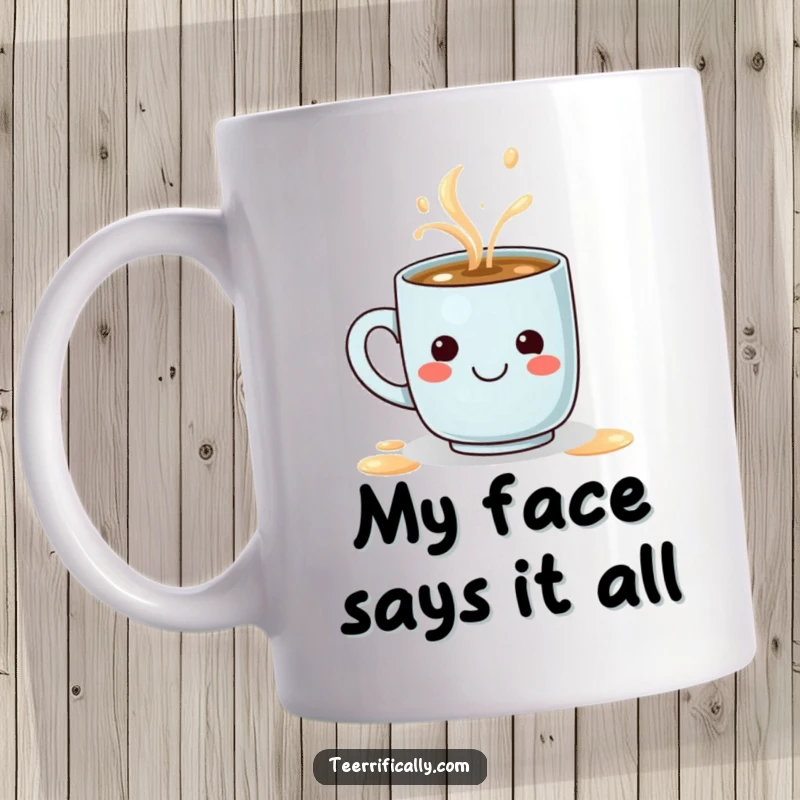 Funny coffee mug featuring a tiny determined mug spilling a latte that forms a happy smiley face, bringing morning cheer.