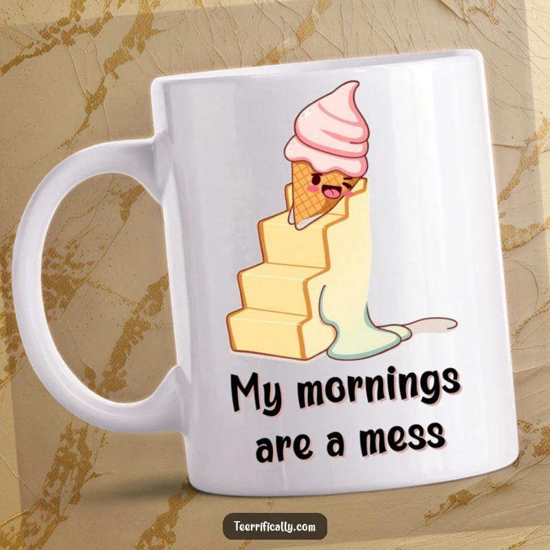 Funny mug with melting ice cream cone sliding down toast stairs, a whimsical and comical food art.