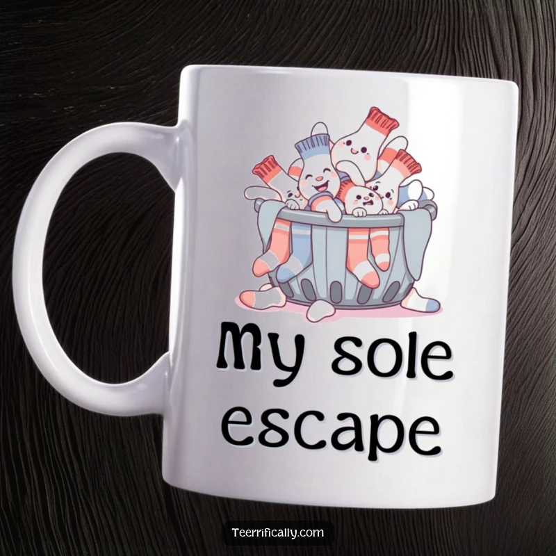 Funny mug showing a giggling pile of socks hilariously attempting to escape a laundry basket, embodying laundry day mischief.