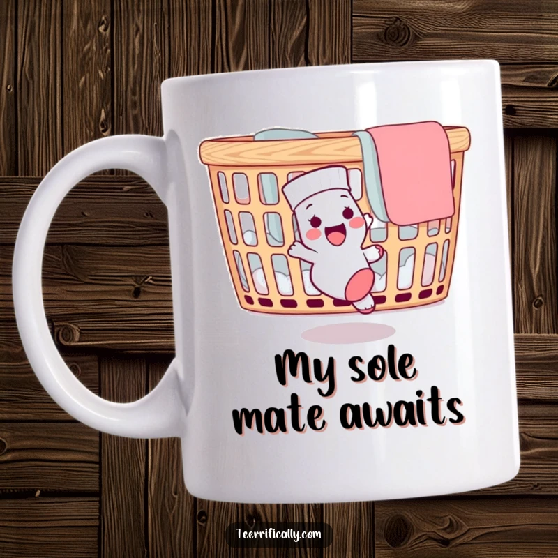 Funny mug showing a delighted sock joyfully pursuing its escaped partner around a laundry basket, a comical laundry day scene.