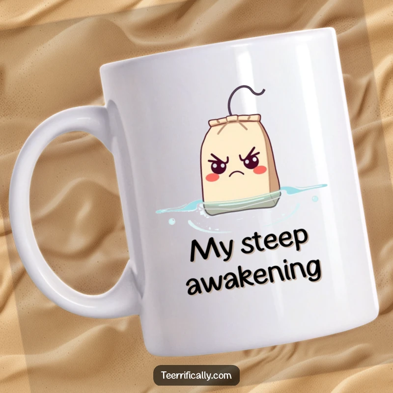 Funny Mug with a grumpy teabag looking surprised as it floats to the surface of steeping tea, creating a humorous moment.