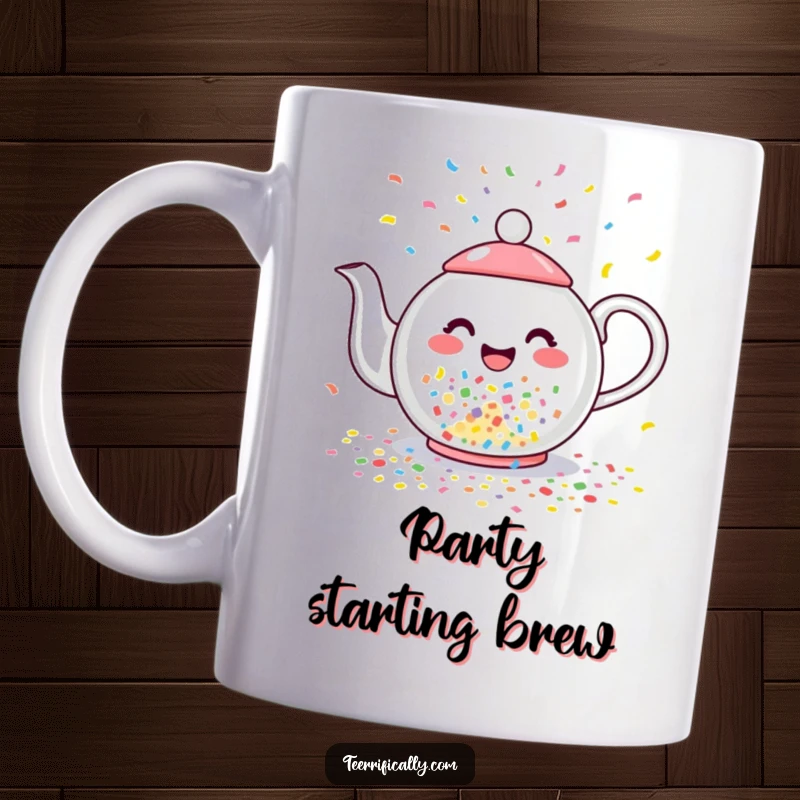 Funny mug showing a happy teapot joyfully pouring streams of colorful confetti instead of tea, a symbol of festive moments.