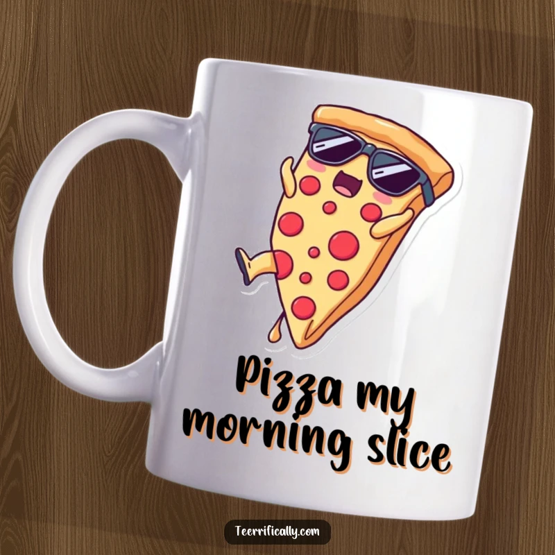 Funny slice of pizza wearing sunglasses doing a somersault, cool and fun mug for a funny gift.