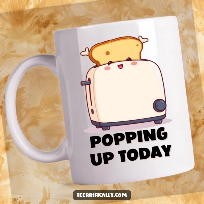 Funny mug showing a piece of toast with ears excitedly jumping out of a toaster, perfect for breakfast humor.
