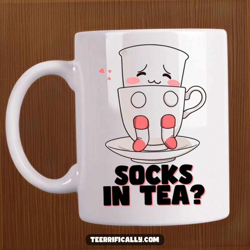 Funny mug featuring a confused teacup wearing mismatched socks, hilariously attempting to float in itself.