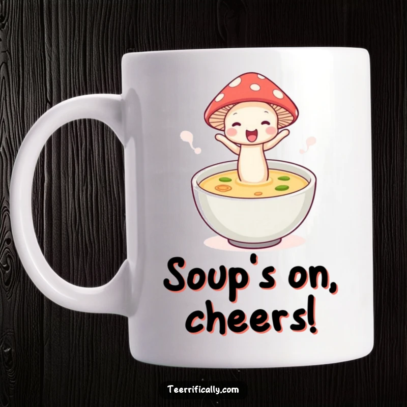 Funny mushroom soup mug, wearing a hat, joyfully jumping into steaming soup, conveying pure delight and comfort.