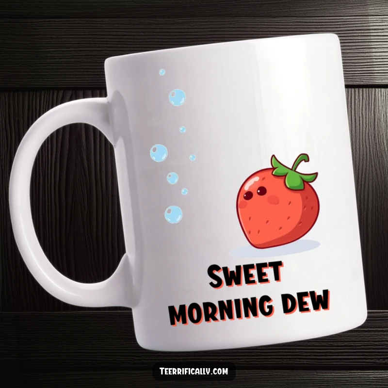 Funny mug featuring a cheerful strawberry expertly juggling tiny, sparkling water droplets with immense glee.