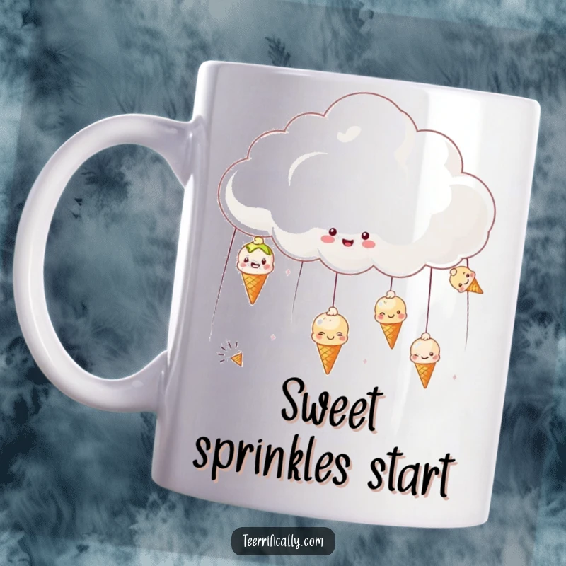Funny mug with a cheerful cloud raining small, smiling ice creams, symbolizing sweet joy and happiness.