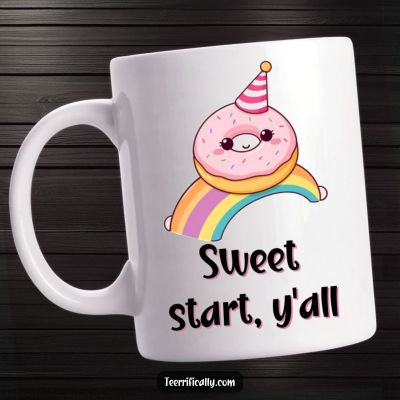 Funny plump donut with a party hat sliding down a rainbow, depicted on a mug, celebrating joy and sweetness.