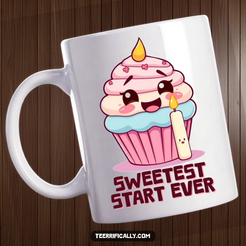 Funny mug shows a giggling cupcake attempting to eat its own lit candle with wide, surprised eyes, full of sweet humor.