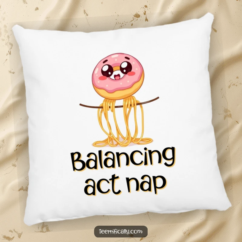 Funny wobbly jelly donut with wide eyes, balancing on spaghetti, on a soft pillow, providing humorous comfort and dessert-themed fun.