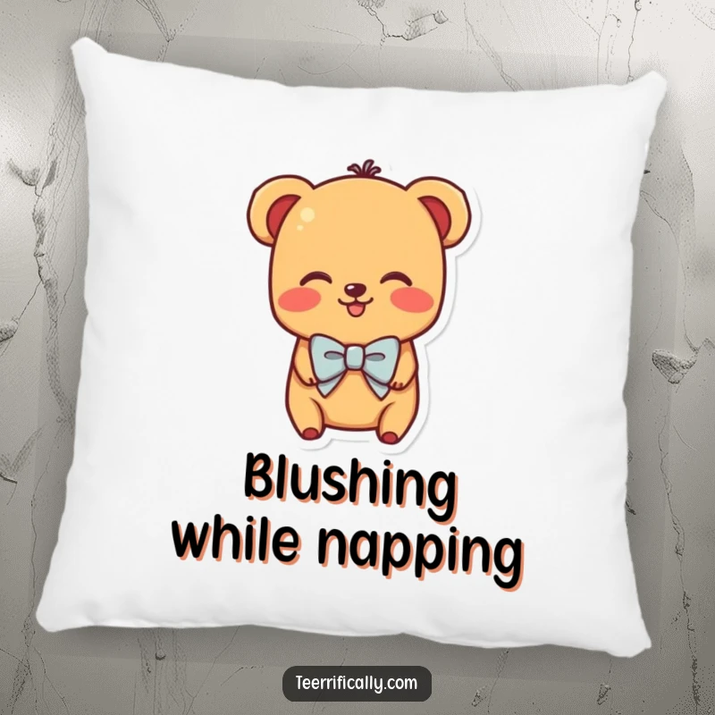 Funny pillow featuring a shy hot dog character in a miniature bowtie blushing adorably, snuggly and cute.