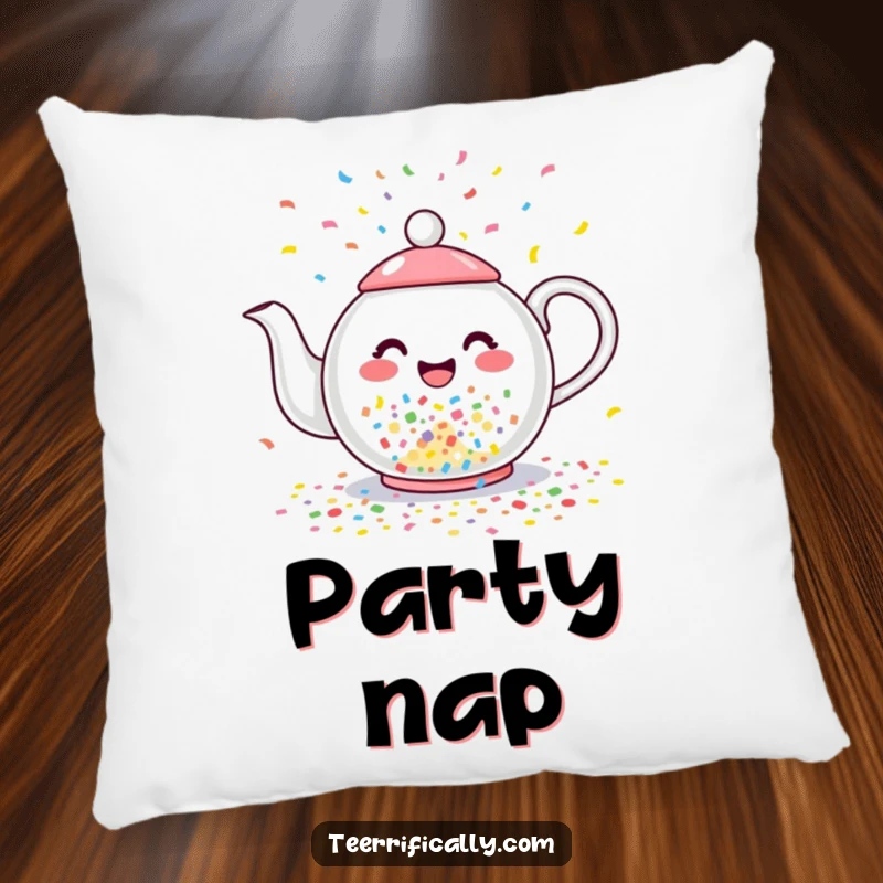 Funny pillow showing a happy teapot humorously pouring colorful confetti instead of tea, a soft spot for festive fun.