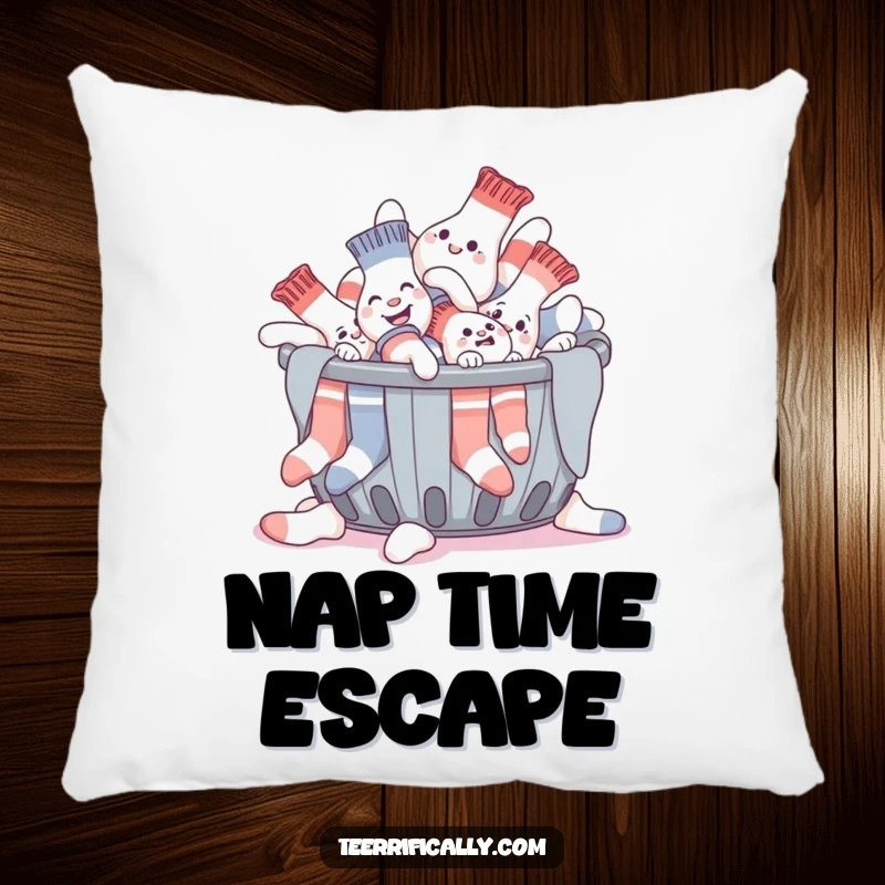 Funny pillow showing a giggling pile of socks humorously trying to escape a laundry basket, a soft spot for laundry day humor.