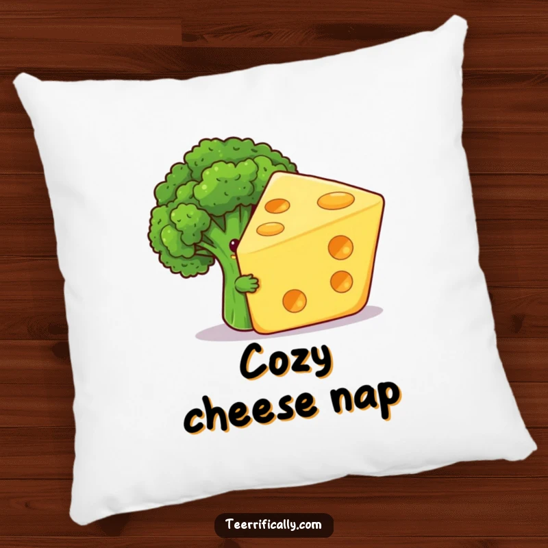 Funny pillow showing a shy broccoli floret humorously hiding behind a giant, grinning cheese slice, a soft spot for food fun.
