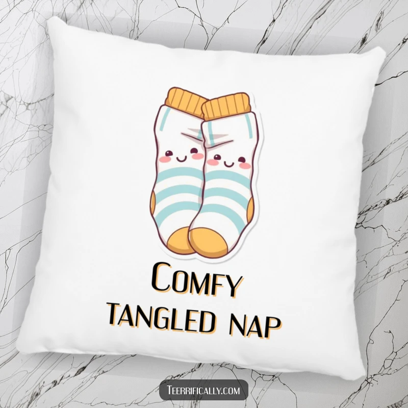Funny Pillow featuring playful sock characters happily tied in a knot, offering cozy comfort and whimsical humor.