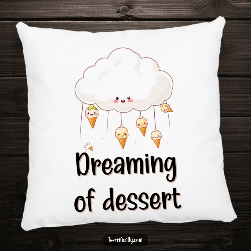Funny pillow depicting a cheerful cloud raining small, smiling ice creams, offering comfort and sweetness.