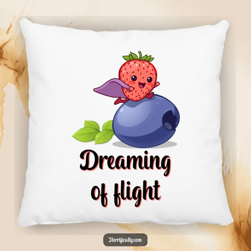 Funny strawberry superhero pillow, a happy strawberry with a cape leaping over a blueberry, soft and humorous decor.