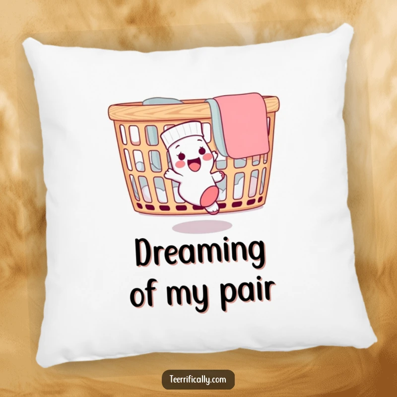 Funny decorative pillow featuring a delighted sock chasing its mate around a laundry basket, offering humorous comfort and style.