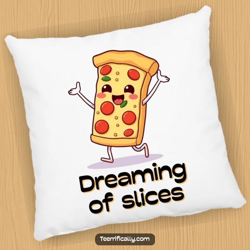 Funny happy pizza slice dancing with pepperoni feet, soft decorative pillow, humorous home accent, cheesy and joyful.