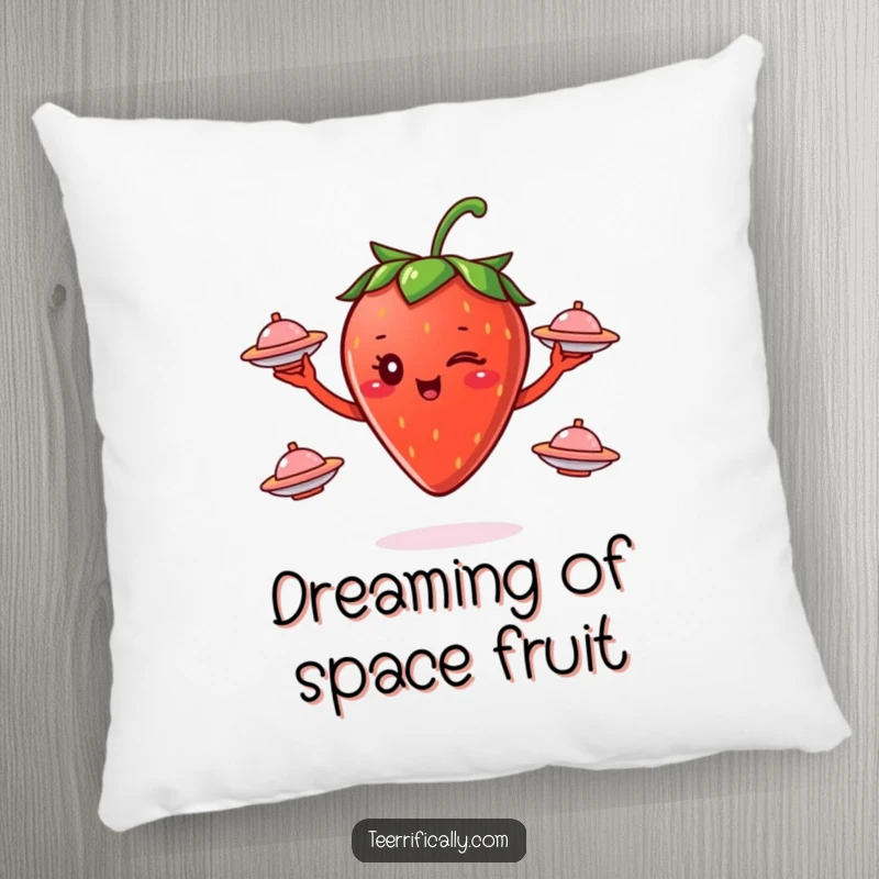 Funny winking strawberry character juggling flying saucers on a decorative pillow, offering humorous cosmic charm.
