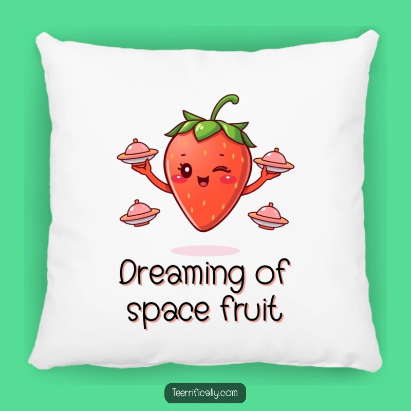 Funny Strawberry Juggling Saucers Pillow - Comfy Cosmic Decor Accent