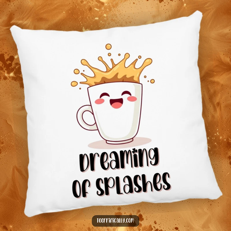 A plush, funny coffee pillow showing a smiling cup splashing enthusiastically, offering comfort and morning energy.