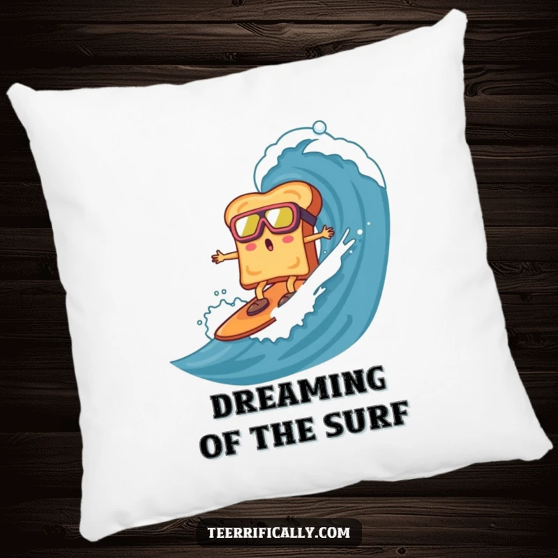 Funny toast with googles, surfing a marmalade wave, on a soft pillow, providing humorous comfort and breakfast-themed fun.